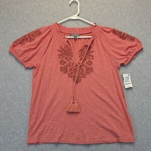 Style & Co. Sea Coral Embroidered Peasant Top Small Tassel Tie NWT
